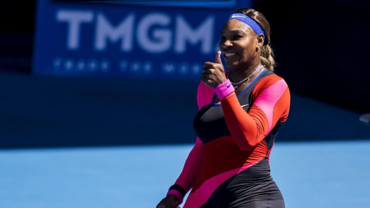 serena williams with her thumb up at the australian open in 2021